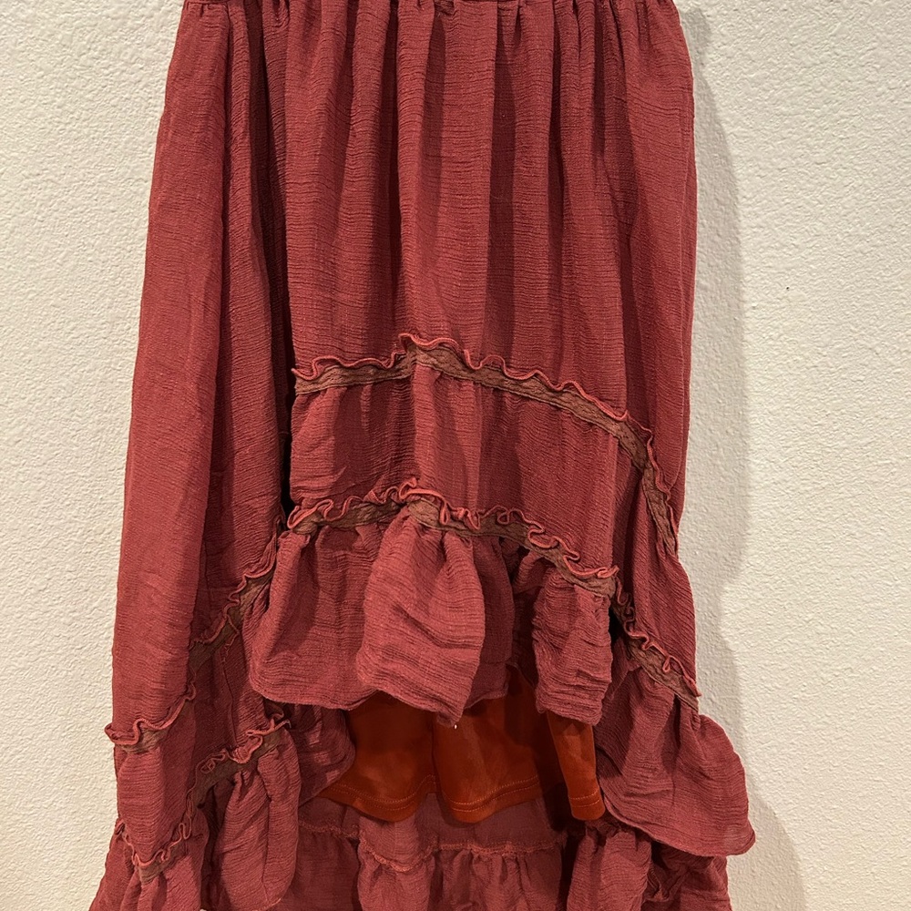 Brown and Red Maxi Bubble Skirt with Ruffled Tiers